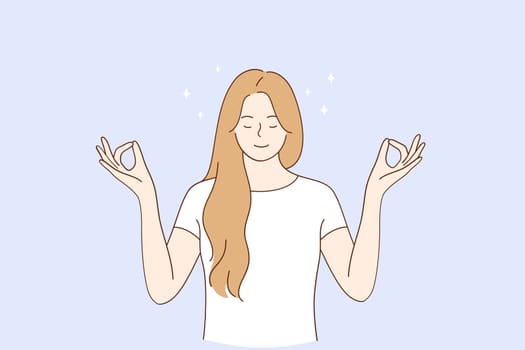 Healthy lifestyle, meditation, yoga concept. Young blonde smiling woman keeping eyes closed and meditating practicing peace of mind, keeping fingers in mudra gesture illustration