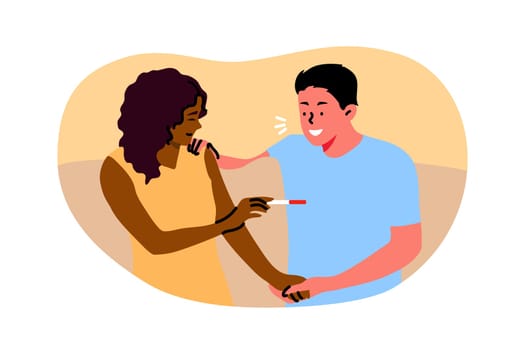 Couple, pregnancy, motherhood, atherhood, happiness concept. Young pregnant woman girlfriend showing positive test result to boyfriend man husband. Happy news waiting for kid child baby illustration.