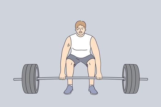 Powerlifting, sport lifestyle, weight lifting concept. Aggressive strong muscular man in sportswear doing deadlift Exercise during workout vector illustration
