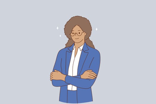 Successful businesswoman concept. Portrait of smiling young african american business woman worker in blue suit and glasses standing with hands crossed looking at camera illustration