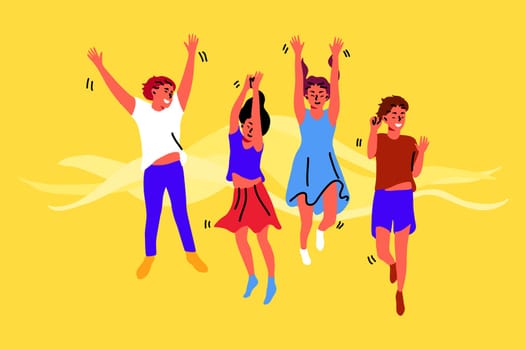 Celebration, friendship, happiness concept. Group young cheerful happy children kids boys girls friends cartoon character jumping together. Active lifestyle recreation having fun celebrating victory.