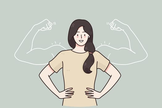 Woman power, female self confidence, high esteem concept. Brave confident smiling woman standing showing biceps shadows facing fears like powerful hero feeling powerful confident with inner strength