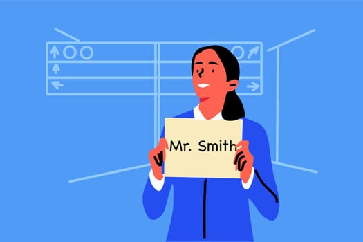 Travelling, meeting, reception, waiting concept. Young smiling happy woman girl cartoon character standing with poster and looking for Mr. Smith. Meeting guests travelers in airport area illustration.