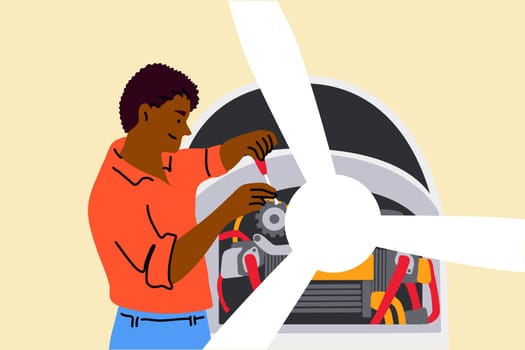 Work, repair, engineering, mechanics concept. Young smiling african american man or guy mechanic character inspecting and working on airplane jet engine in hangar. Aircraft maintenance illustration.