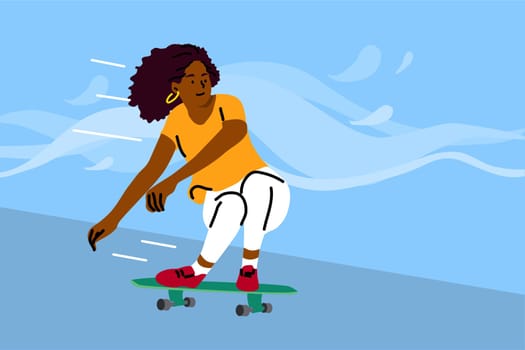 Skateboarding, sport, recreation, summertime concept. Young african american woman girl teenager athlete character riding skateboard and performing tricks. Active summer extreme lifestyle illustration