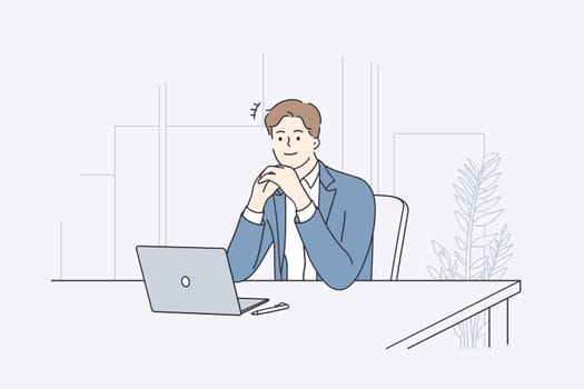 Businessman during work planning concept. Young positive businessman cartoon character sitting at desk deep in thought working on laptop in office vector illustration