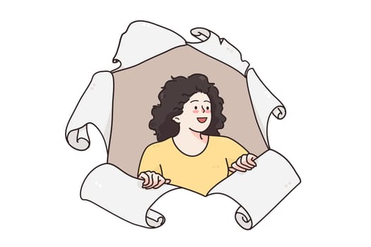 Happy school times and back to school concept. Young happy positive schoolchild girl looking from damaged broken paper feeling positive vector illustration