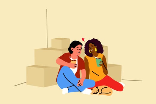 Repair, buy, home, couple, removal concept. Young happy smiling boyfriend girlfriend man woman sitting on floor with boxes drinking coffee. Buying new apartment or moving in empty house illustration.