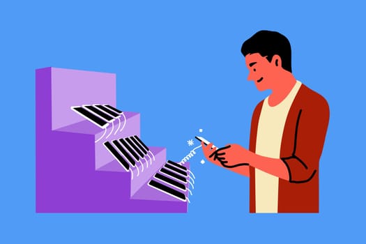 Technology, retail, shopping, choice, mobile phone concept. Young happy smiling man or guy consumer trying out new smartphone on sale in tech store. Customer service in digital electronics market.