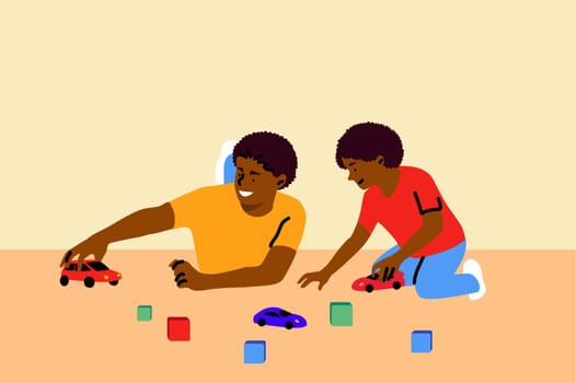 Game, fatherhood, childhood, family, recreation concept. Young african american man dad playing cars racing with child kid son together. Having fun or joint spending leisure time activity illustration