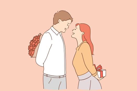 Love, valentines day and romantic dating concept. Young loving man and woman cartoon characters standing and preparing gifts for each other for holiday during date vector illustration
