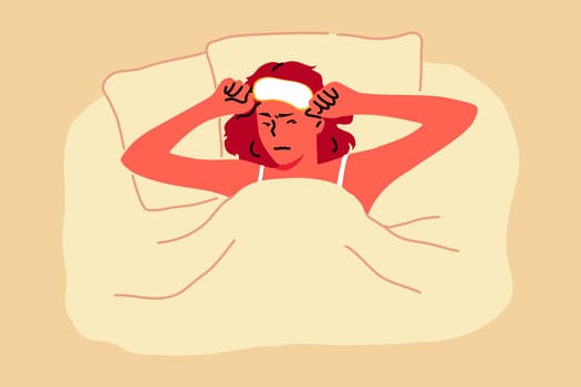 Irritation, morning, noise, health, recreation concept. Young exhausted woman raises slightly face mask and trying to open sleepy eyes needing more rest and out of energy. Time wake up illustration