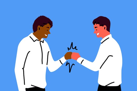 Friendship, greeting, congatulation, success concept. Young happy smiling african american man cartoon character greets old friend congratulating with victory. Goal achievement and friendly meeting.