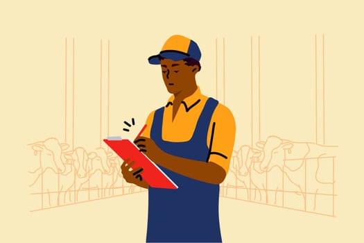 Examination, farming, occupation, work concept. Young african american man guy worker examinating cows cattle on dairy farm with tablet or touchpad. Rural life and working on countryside illustration.