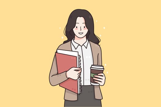 Working in office, business success, leadership concept. Young smiling business woman standing with coffee and documents in hands and feeling confident going to office vector illustration