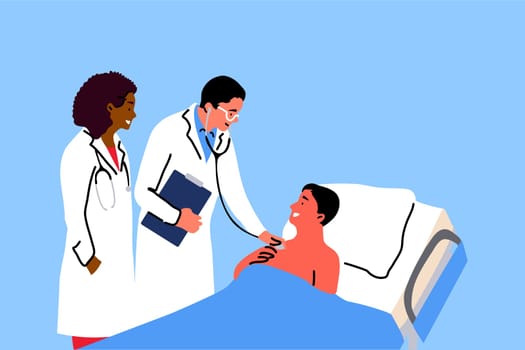 Healthcare, medicine, examination concept. Young man doctor and african american woman nurse hospital worker examinating sick patient asking about wellbeing. Daily support of ill people in clinic.