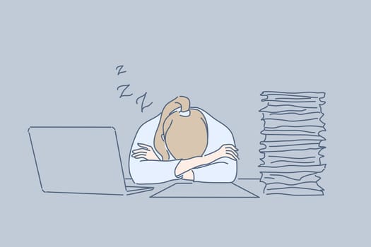 Overworking, sleep, office, fatigue, stress, business concept. Tired exhausted businesswoman clerk manager sleeps on workplace near pile of documents and laptop at office. Overworking, stress at work.