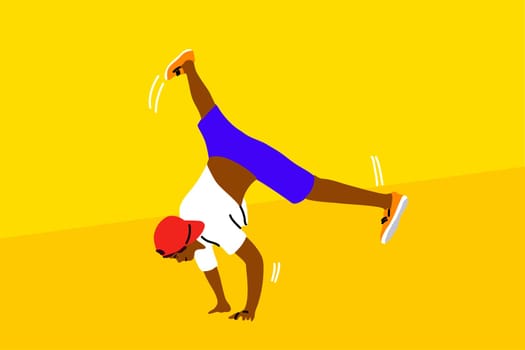 Dance, hip hop, sport, competition, performance, recreation concept. Young athletic man guy b-boy cartonn character standing hands and dancing break dance doing downrock. Active lifestyle illsutration