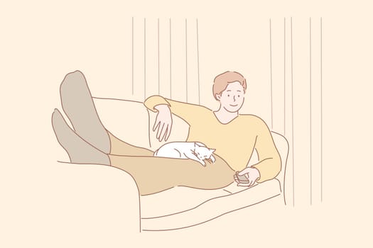Home rest, watching TV, pet, leisure time concept. Young man or boy laying on couch with sleeping white cat, holding remote control from TV set. Rest at home after working day. Leisure time. Vector.
