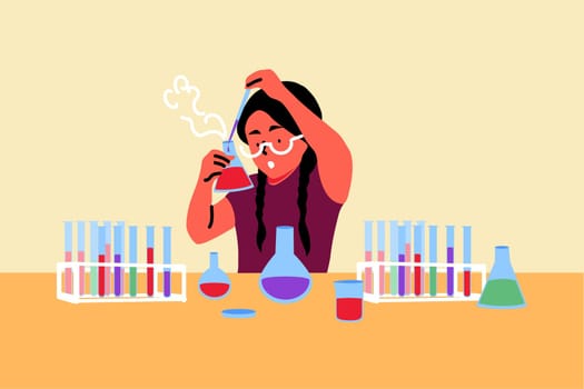 Science, chemistry, education, study concept. Young child kid schoolgirl character scientist chemist playing with flasks or beakers setting experiment. Learning scientific subject in lab and affection