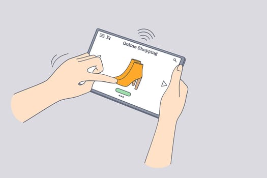 Online shopping, purchase in internet lockdown concept. Human hand choosing boots online on tablet during online shopping at coronavirus pandemic times vector illustration