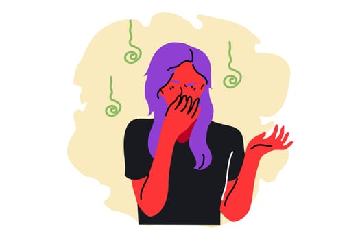 Smell, stench, disgust concept. awful odor. Young woman girl student character queezing nose with fingers smelling awful disguisting stinky scent. Negative facial expressions and gestures illustration
