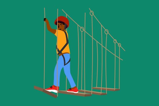 Sport, game, adventure, childhood, recreation concept. Young happy excited african american boy child kid climbing on high rope trail in amusement center. Extreme leisure in forest playground park.