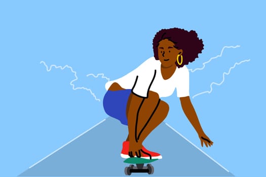 Skateboarding, sport, recreation, summertime concept. Young african american woman girl teenager athlete character riding skateboard and performing tricks. Active summer extreme lifestyle illustration