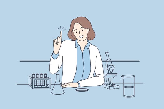 Research of Covid-19 virus concept. Young smiling woman scientist looking through microscope in laboratory doing some research vector illustration
