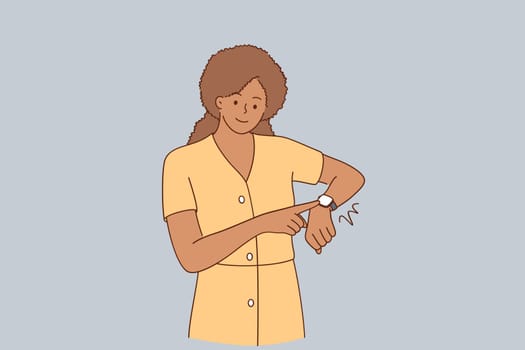 Deadline, being late, impatience concept. Young beautiful african american girl wearing casual dress standing In hurry pointing to watch time feeling displeased vector illustration
