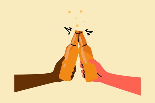 Drink, leisure, alcohol, celebration concept. Man and woman hands holding lager beer bottles and clinking together. Friendly cheers up and toasts and relaxation or recreation lifestyle illustration.