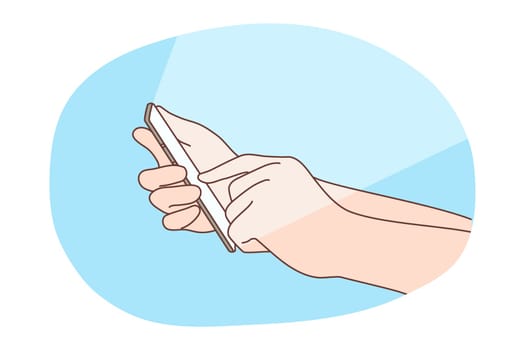 Social media, addiction, technology concept. Wireless communication and network dependency illustration. Human user male female character hand touching communicate using mobile phone display online.