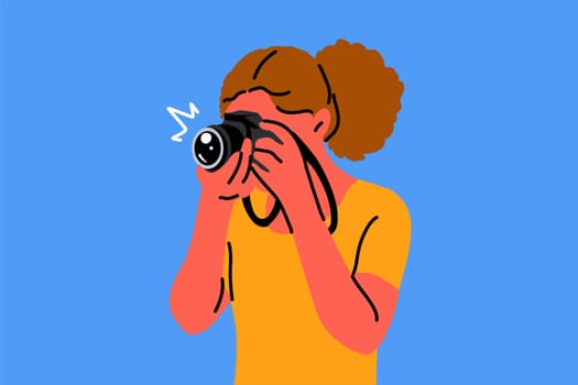 Photography, hobby, occupation, shootings concept. young woman girl photographer character making pgotos or taking pictures in studio. Creative hobby job profession and active lifestyle illustration.