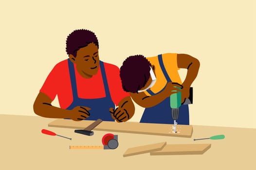 Fatherhood, childhood, work, education, help concept. Young african amercian man dad and child kid boy son working together teaching drilling holes in wooden plank. Fathers day recreation illustration