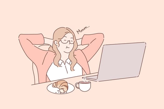 Lunch break, work rest, freelance, business concept. Young businesswoman or girl freelancer drinks coffee and croissant near laptop on workplace. Office unch break. Rest at work. Simple flat vector.