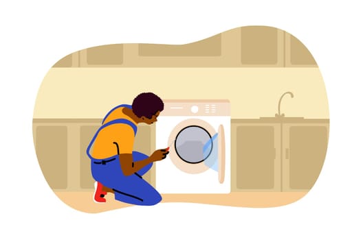 Repair, laundry, work, replacement concept. Young african american man plumber worker mechanic character repairing replacing washing machine at home. Domestic tools equipment maintenance illustration.