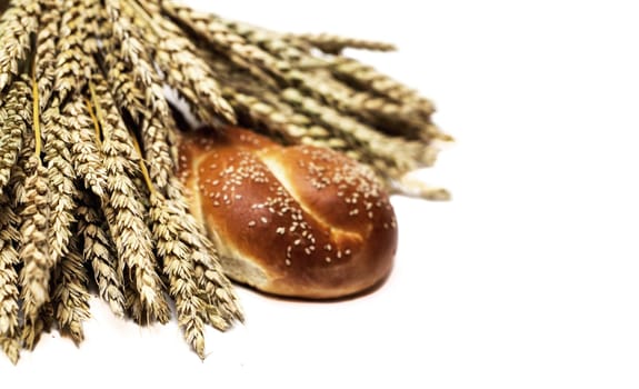 fresh bread and ears of wheat, isolated against white background
