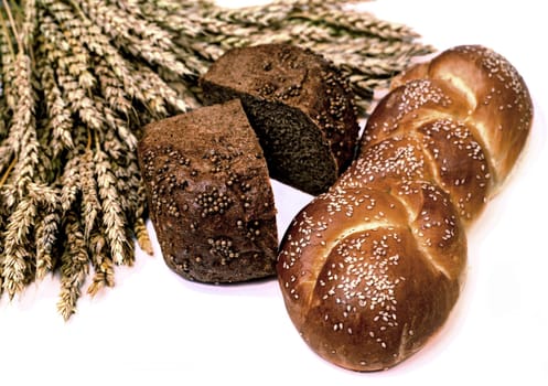 fresh bread and ears of wheat, isolated against white background