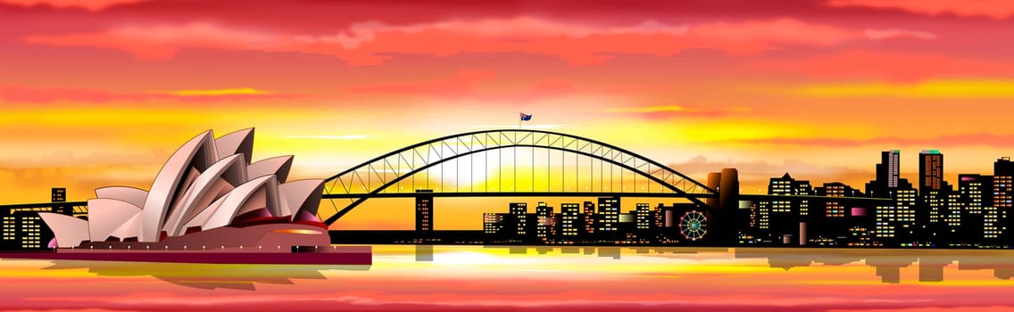 Australian city of Sydney. Opera building. Bridge over the bay. Sun, sky with clouds. Sunset.