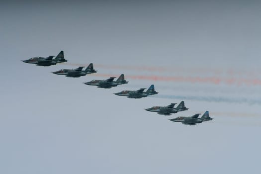 St. Petersburg, Russia, July 25, 2021 military parade, group of 6 military aircraft of Su-25 Frogfoot, attack aircraft in the sky side view