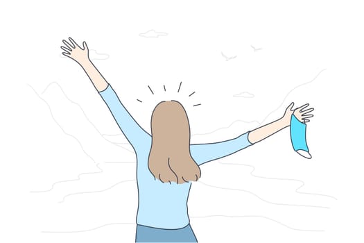 Recovery from COVID-19, Defeating illness concept. Young woman celebrating and enjoying freedom, health and nature without mask after successful curing coronavirus infection illustration