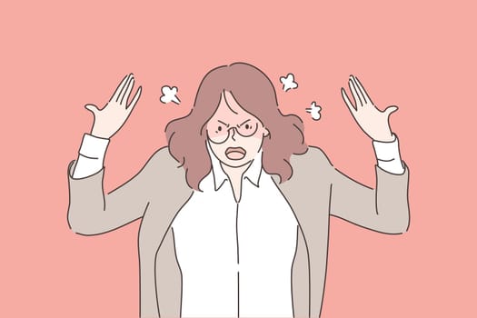 Anger, agression, stress, depression, nervous breakdown, business concept. Angry mad furious businesswoman, girl clerk manager yelling. Nervous breakdown. Raising of stress level and mental hysterics.