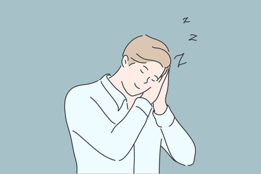 Business, sleep, fatigue, insomnia concept. Young tired businessman or boy has fatigue, sleep on workplace while standing in dreaming pose. Overworking and insomnia. Relaxation. Simple flat vector
