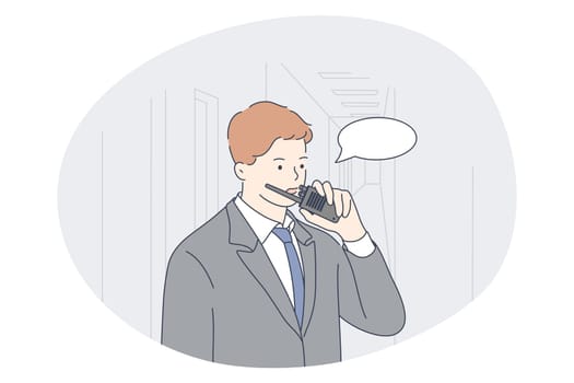 Job, occupation, profession for men concept. Young man professional security in office talking on radio and giving information to colleague. Job specialist, working sphere illustration