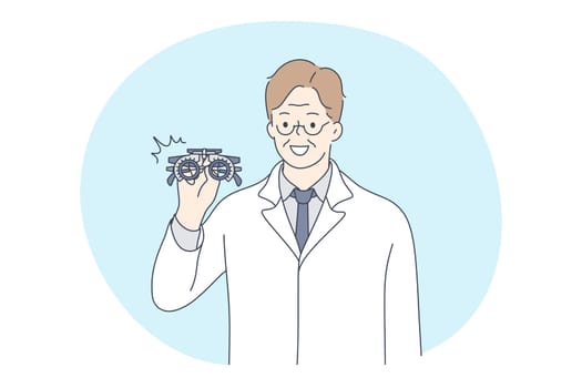 Doctor, medicine, healthcare concept. Young smiling man doctor ophthalmologist in white uniform cartoon character standing and showing binoculars. Medicare, therapist, pharmacist illustration