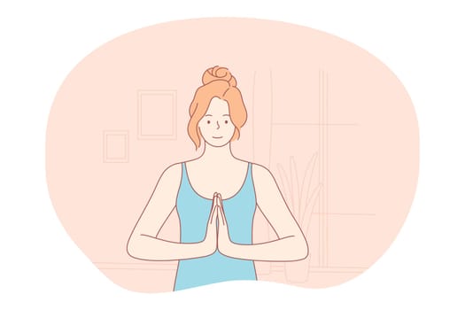 Yoga, meditation, healthy active sport lifestyle concept. Young smiling woman in sportswear practicing yoga, relaxing and meditating at home or fitness center. Fitness, relax, harmony, peace