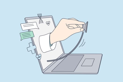 Telehealth, Online doctor, Virtual healthcare concept. Hand of doctor medical worker with stethoscope examining remote patient from laptop screen making online consultation illustration