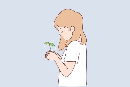 Sustainable lifestyle, ecological conversation, nature concept. Small smiling girl cartoon character standing and holding green plant with ground in hands in garden vector illustration