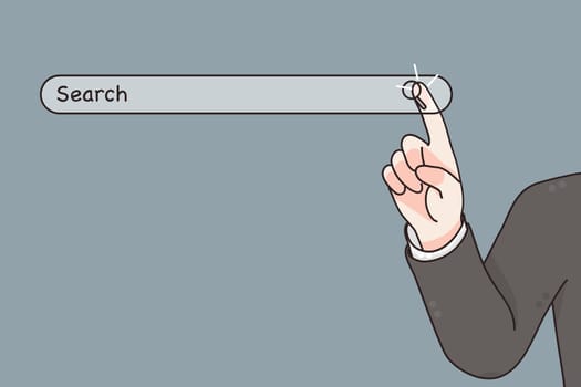 Technology, searching system and internet technologies concept. Male hand pressing Search button for finding information in internet vector illustration