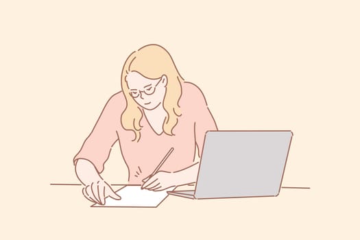 Office worker signing contract, business concept. Young businesswoman office secretary, clerk or manager, freelancer employee writing, signing contract, fills questionnaire or application form profile